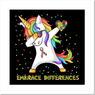 Embrace Differences Dabbing Unicorn Shirt Autism Awareness Posters and Art